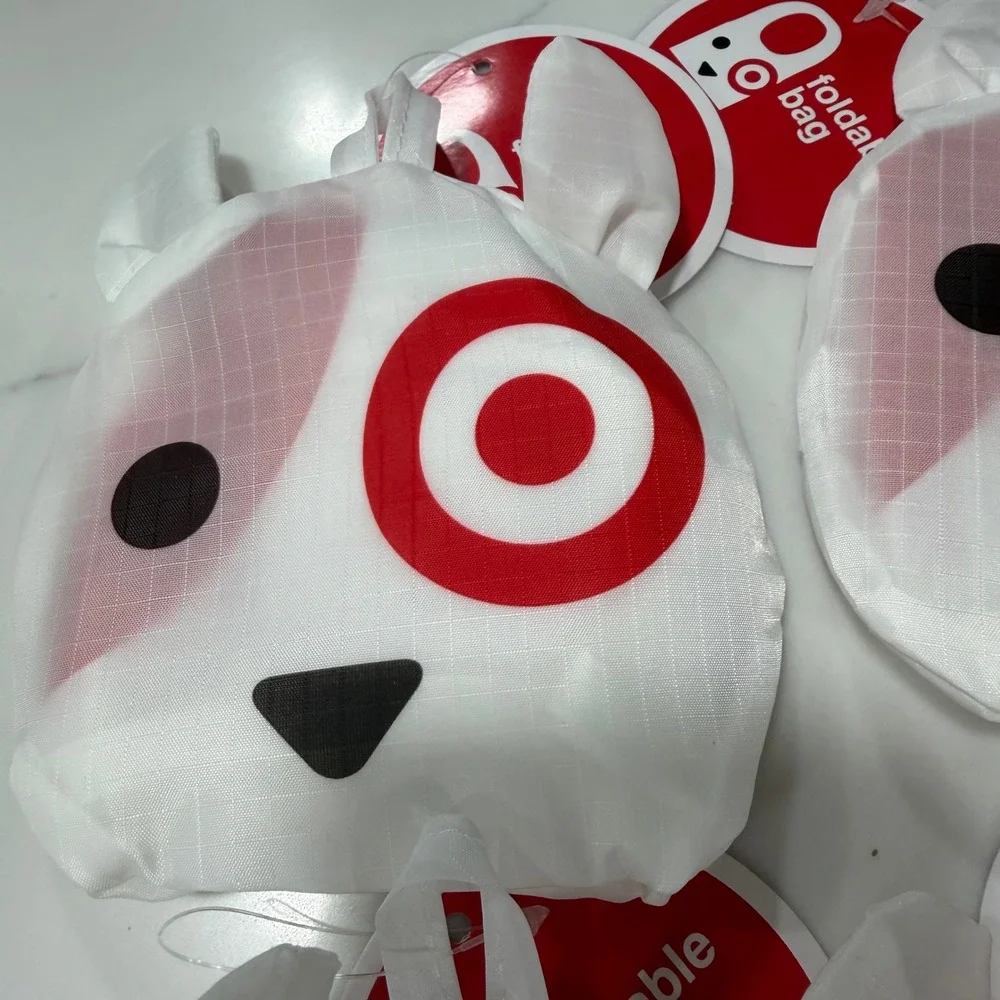 Set of 4 Target Bullseye Dog Foldable Reusable Tote Bags White Red 16x20 New